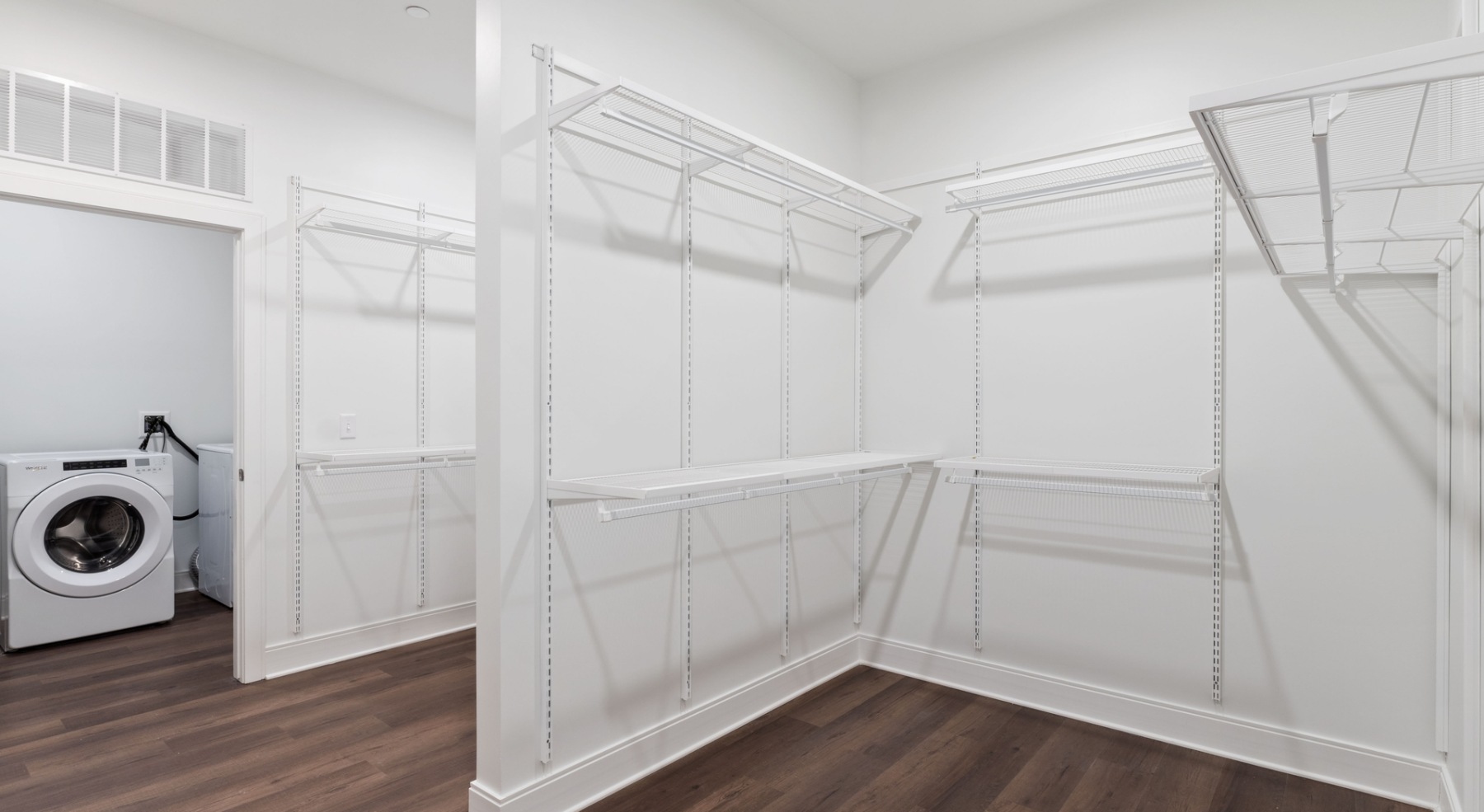 penthouse style closets on wood-style flooring