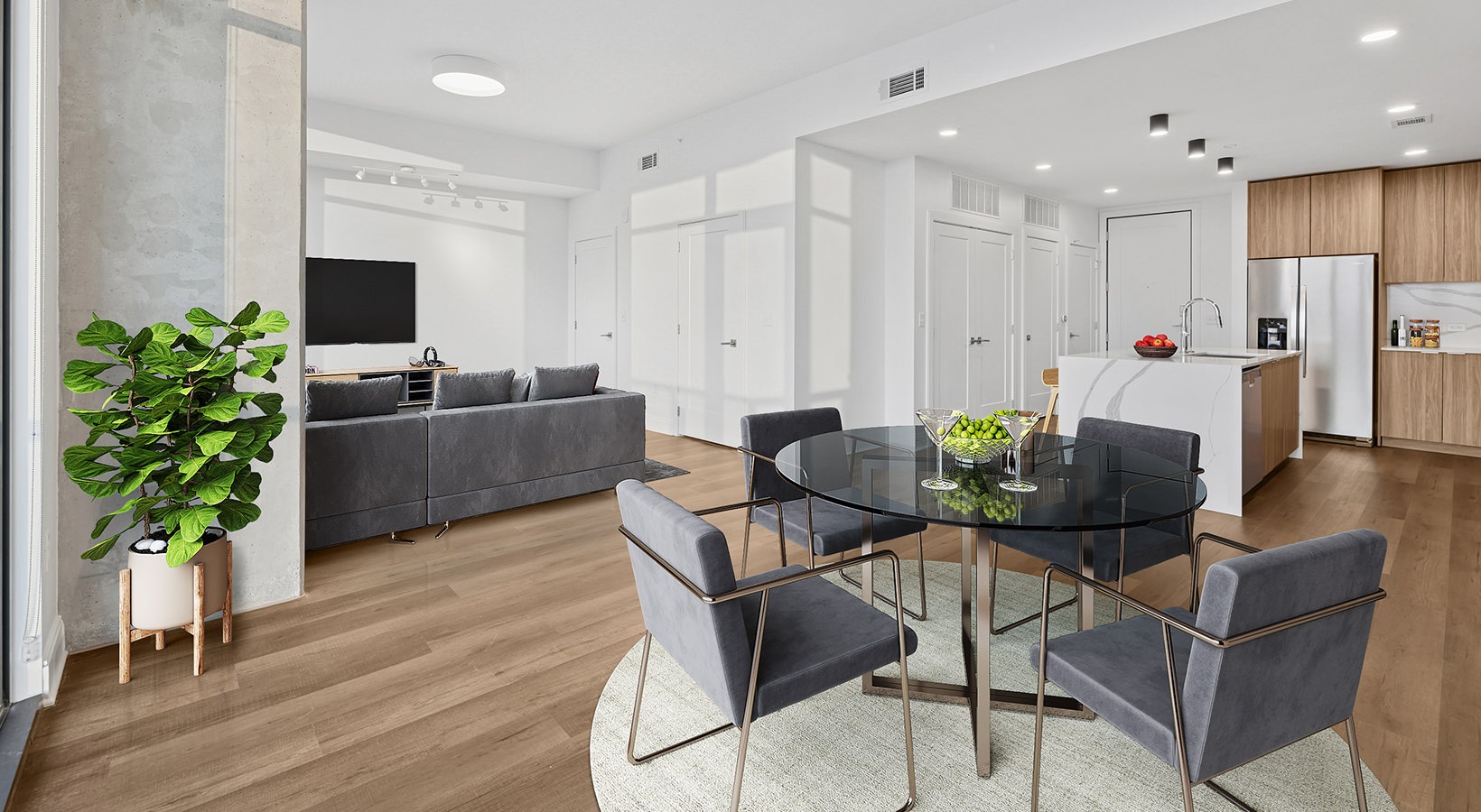 Generous living spaces with beautiful natural lighting Living Dining Kitchen