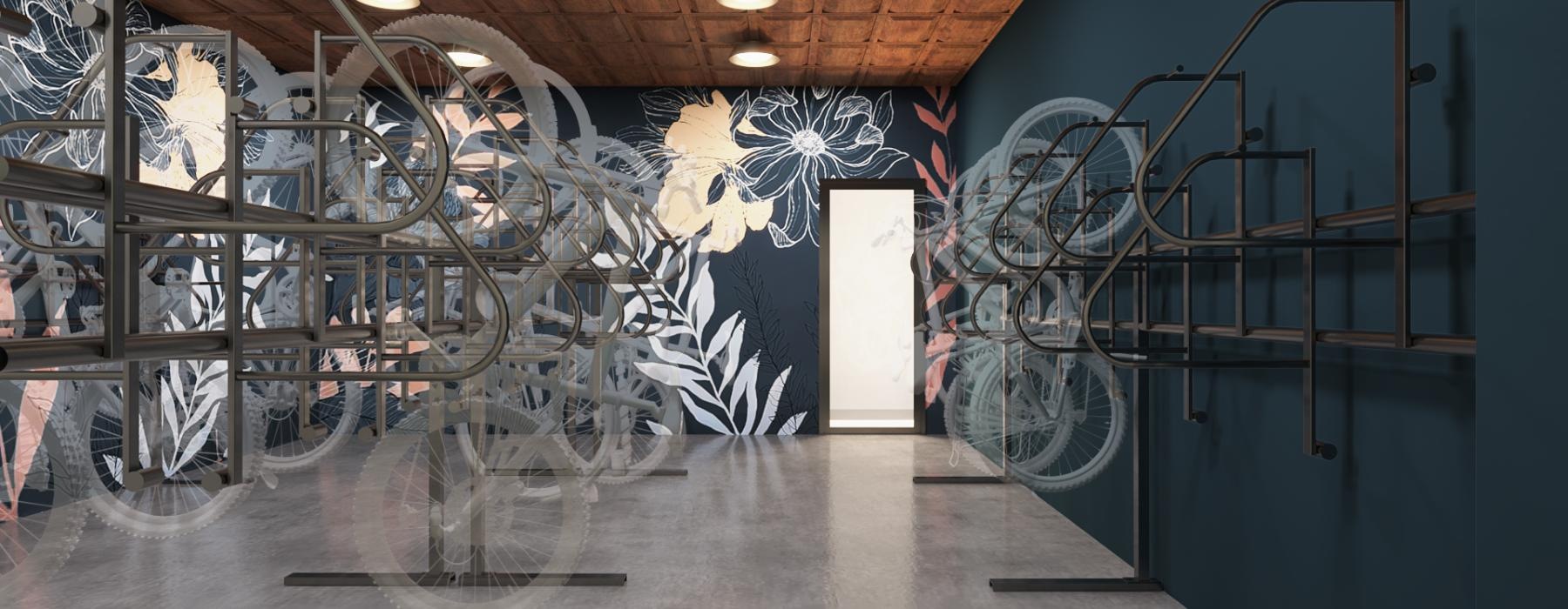 a room with a bike rack and a wall with art