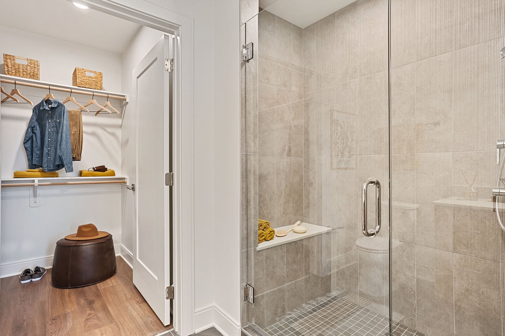 Bathroom options with thoughtful details walk-in shower with glass door and walk-in closet in bathroom