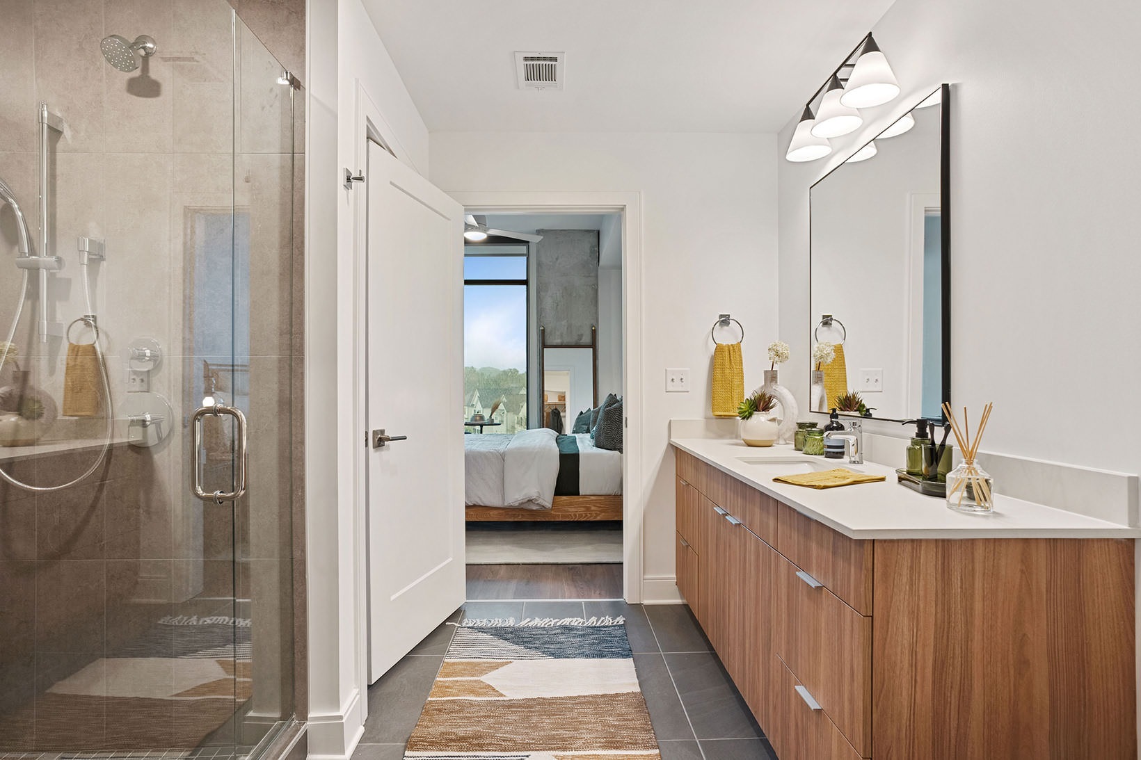 Spacious bathrooms with everything you need sink counter in bathroom with ample lighting