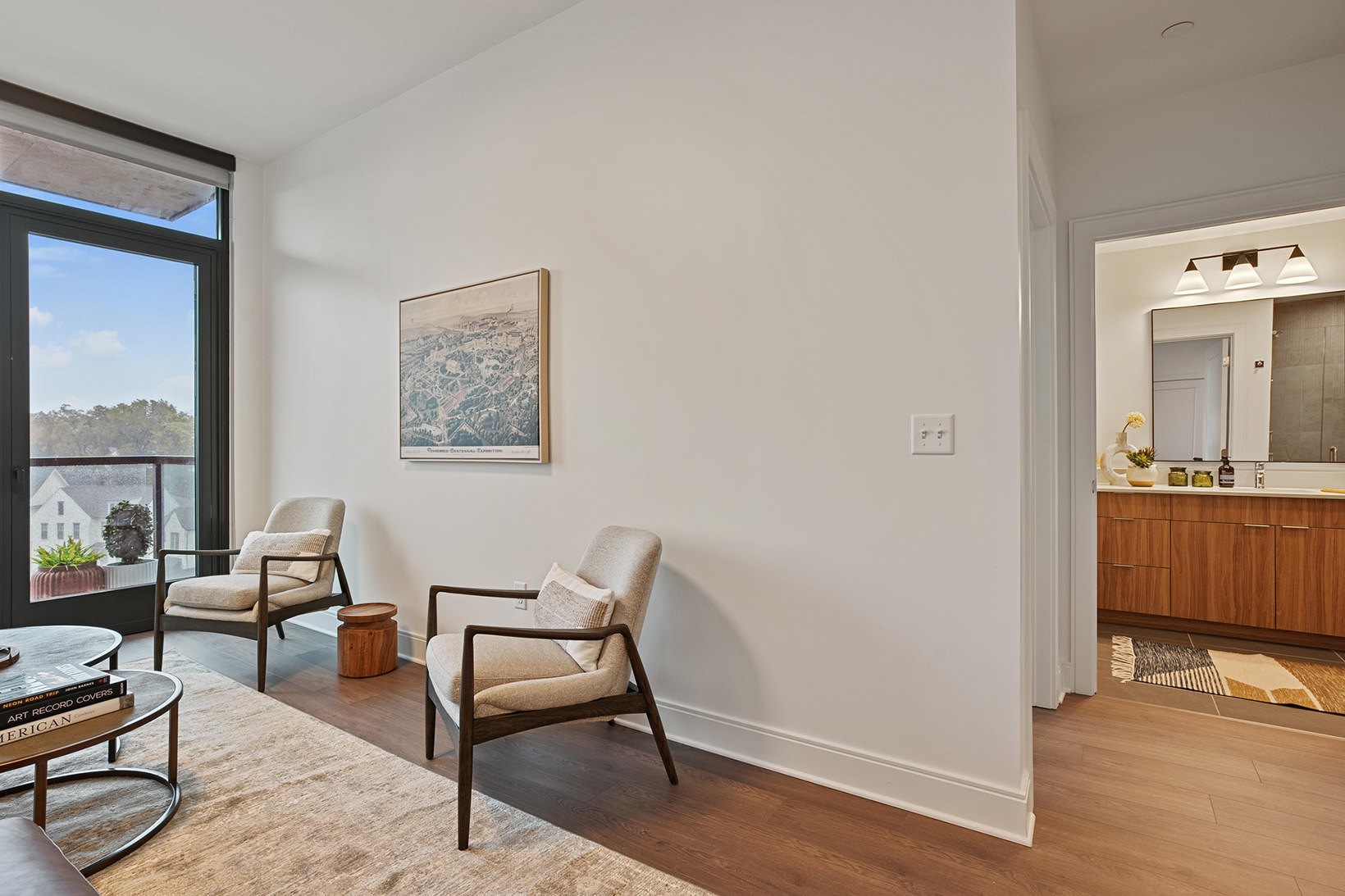 Relax and unwind in stylish living spaces living room near bathroom